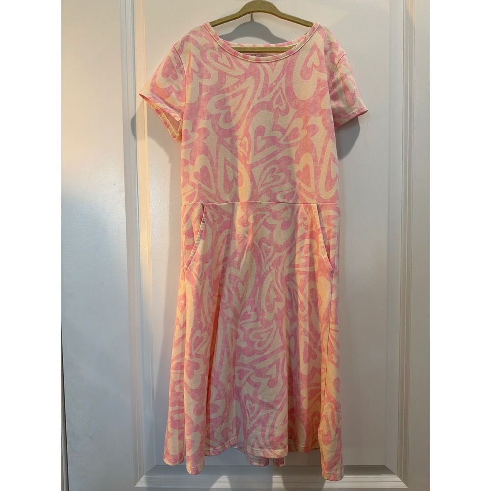 Wonder Nation Girls Pink Heart Print Short Sleeve Pocket Dress Large 10-12